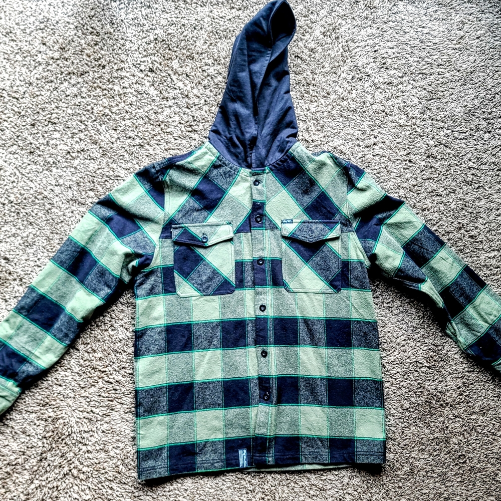 LrG Green and Black Plaid Hooded Shirt